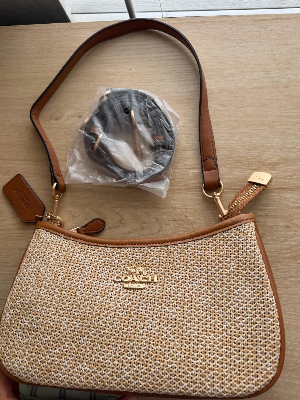 Coach Woven Straw Shoulder Bag with Brown Trim